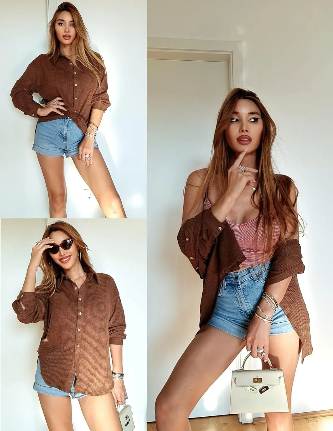 HOTOUCH Waffle Knit Button Down Shirts for Women Dressy Casual Work Tops Long Sleeve Loose Fit Shacket with Pocket