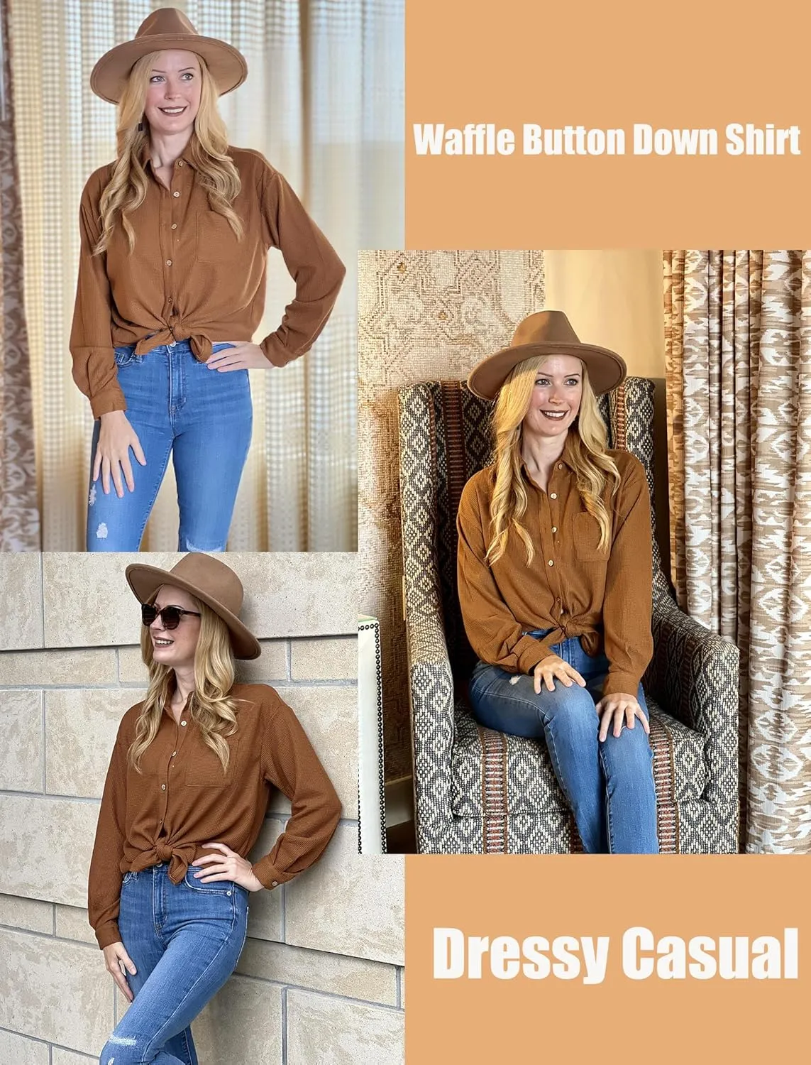 HOTOUCH Waffle Knit Button Down Shirts for Women Dressy Casual Work Tops Long Sleeve Loose Fit Shacket with Pocket