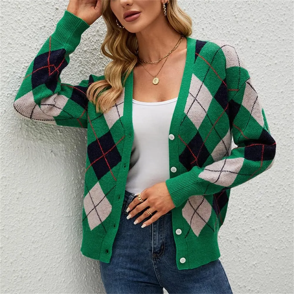 HOULENGS Women's Argyle Print Open Front Knit Sweater Button Down V Neck Cardigan Sweater Outerwear