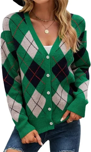 HOULENGS Women's Argyle Print Open Front Knit Sweater Button Down V Neck Cardigan Sweater Outerwear