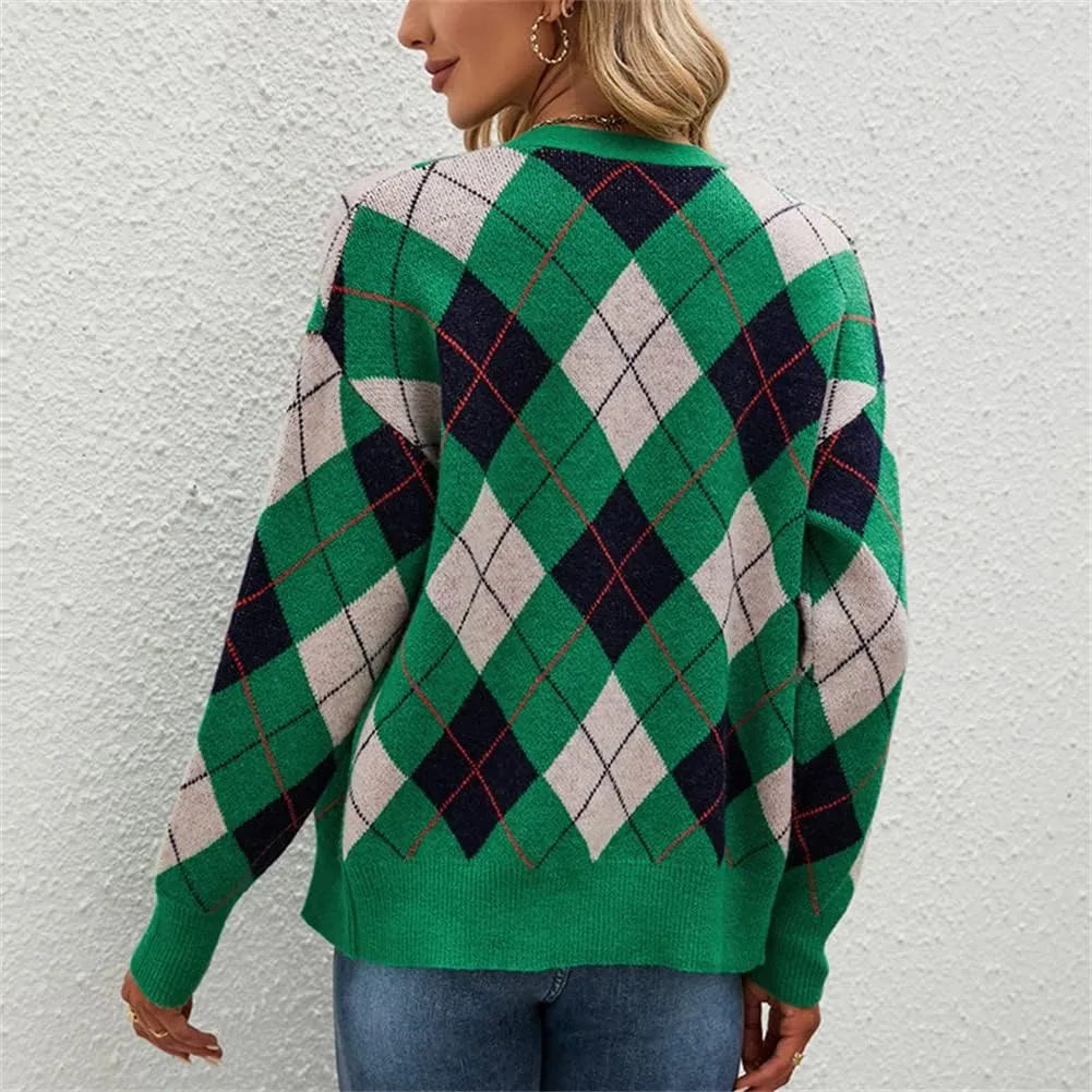 HOULENGS Women's Argyle Print Open Front Knit Sweater Button Down V Neck Cardigan Sweater Outerwear