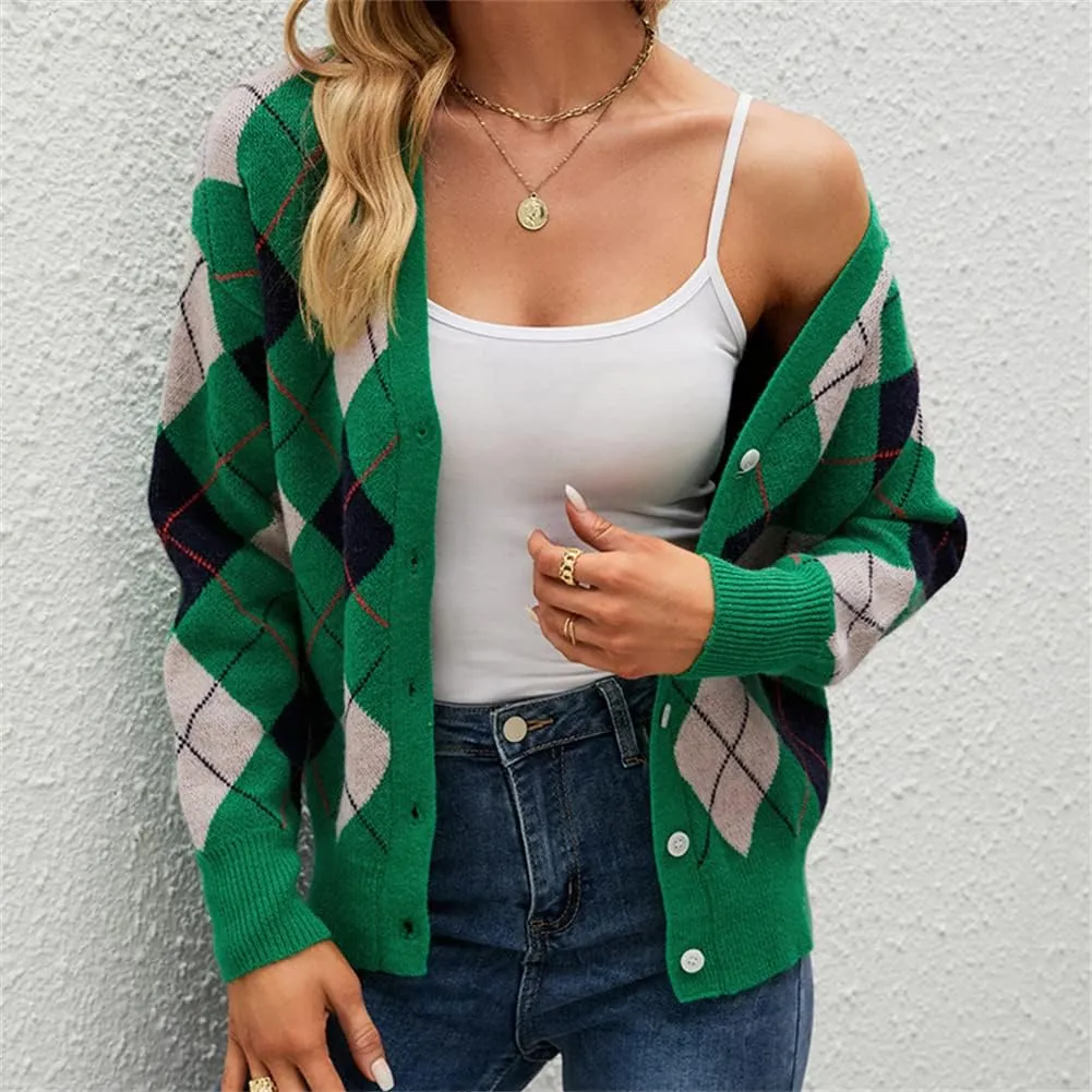 HOULENGS Women's Argyle Print Open Front Knit Sweater Button Down V Neck Cardigan Sweater Outerwear