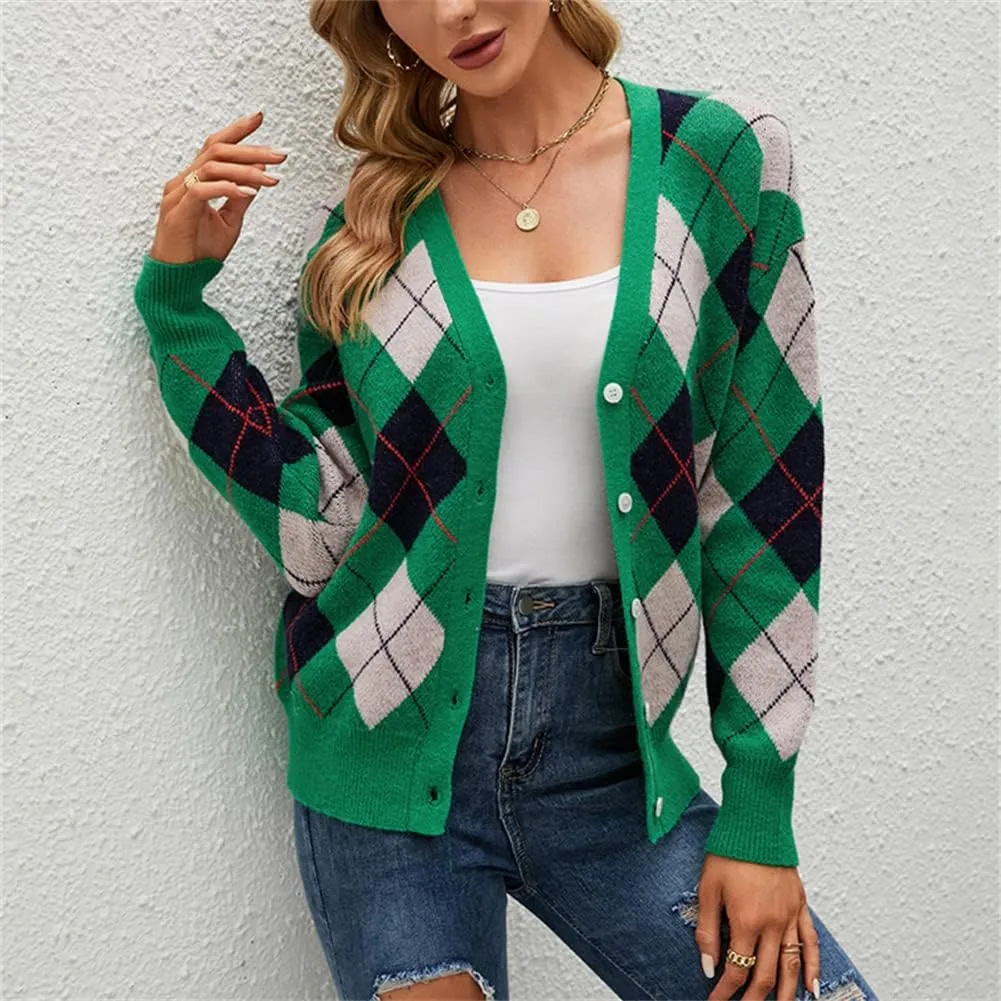 HOULENGS Women's Argyle Print Open Front Knit Sweater Button Down V Neck Cardigan Sweater Outerwear