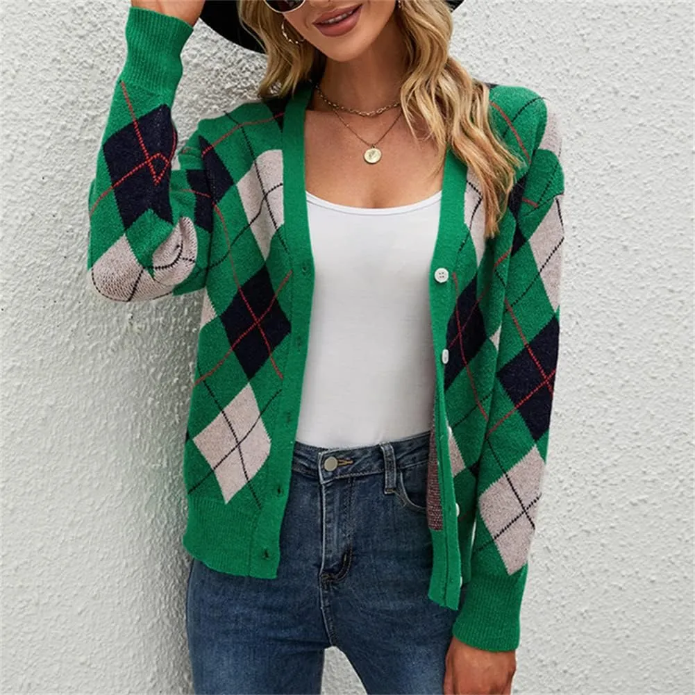 HOULENGS Women's Argyle Print Open Front Knit Sweater Button Down V Neck Cardigan Sweater Outerwear