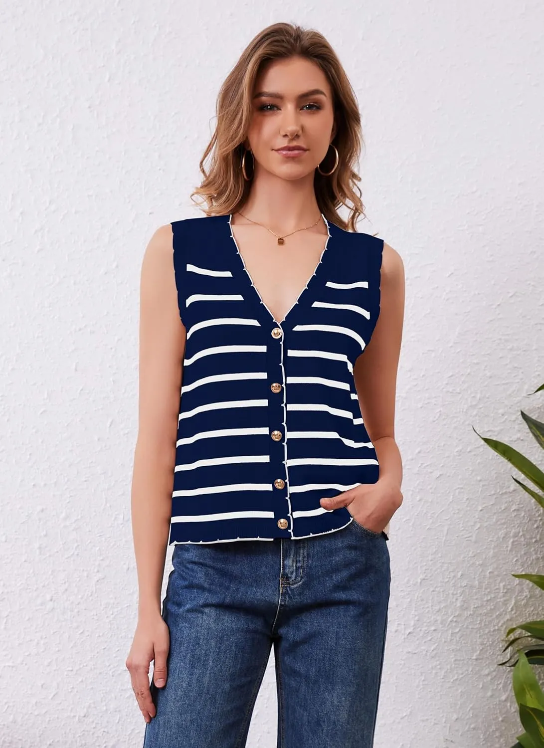 HVT Vest Tops for Women V Neck Striped Sweater Vests 2025 Summer Vacation Button Up Outfits Spring Tops