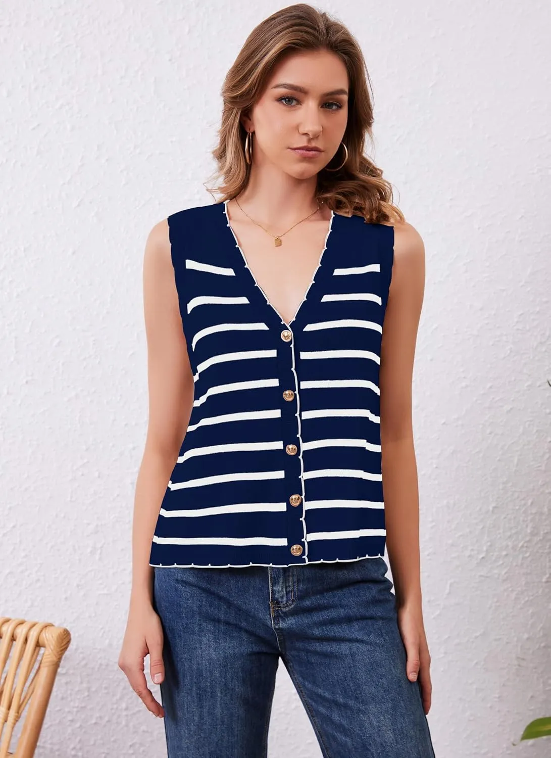 HVT Vest Tops for Women V Neck Striped Sweater Vests 2025 Summer Vacation Button Up Outfits Spring Tops