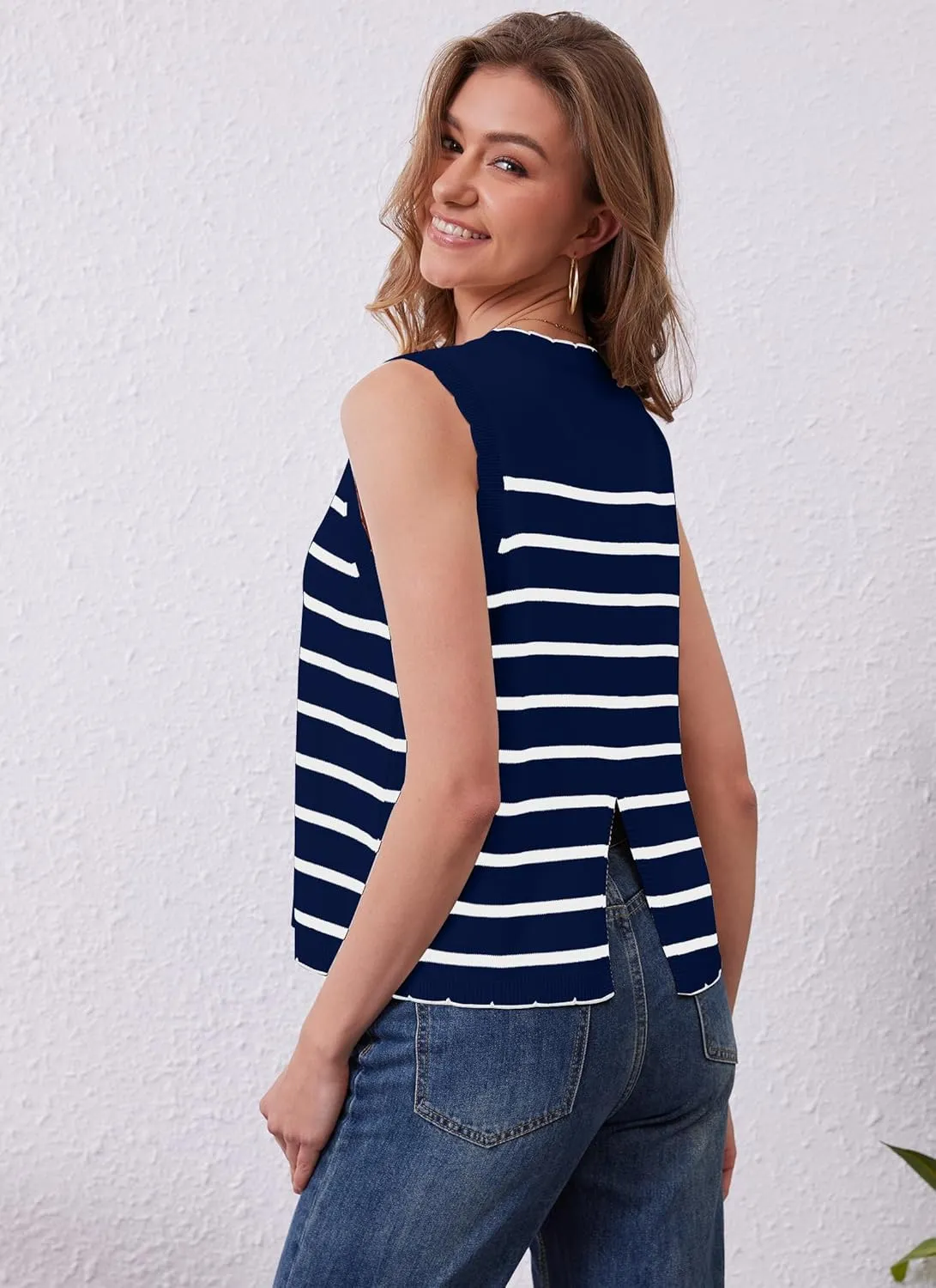 HVT Vest Tops for Women V Neck Striped Sweater Vests 2025 Summer Vacation Button Up Outfits Spring Tops