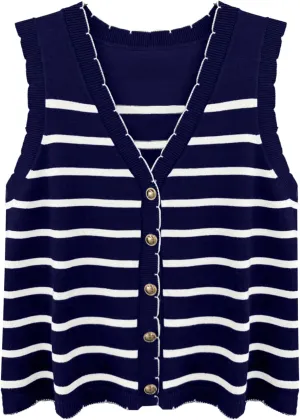 HVT Vest Tops for Women V Neck Striped Sweater Vests 2025 Summer Vacation Button Up Outfits Spring Tops