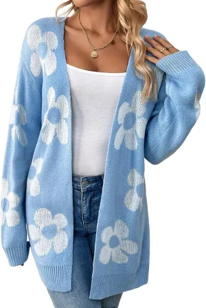 IDEALSANXUN Long Daisy Cardigan Sweaters for Women Fall Flower Floral Printed Knit Top Long Sleeve Cute Open Front Jacket