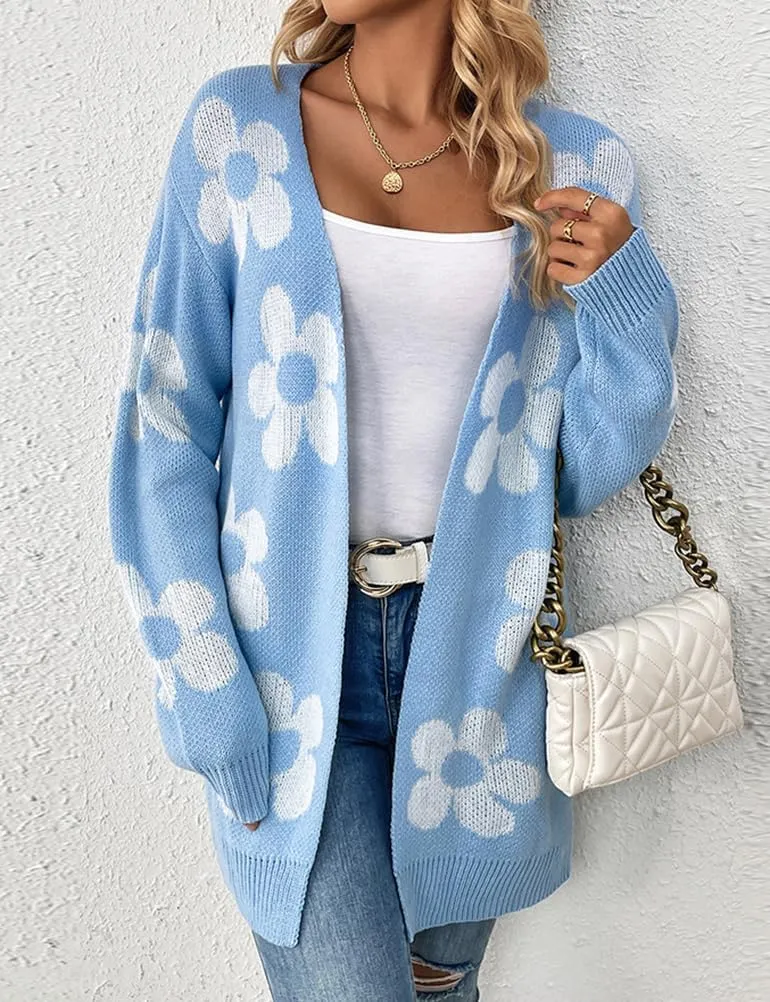 IDEALSANXUN Long Daisy Cardigan Sweaters for Women Fall Flower Floral Printed Knit Top Long Sleeve Cute Open Front Jacket