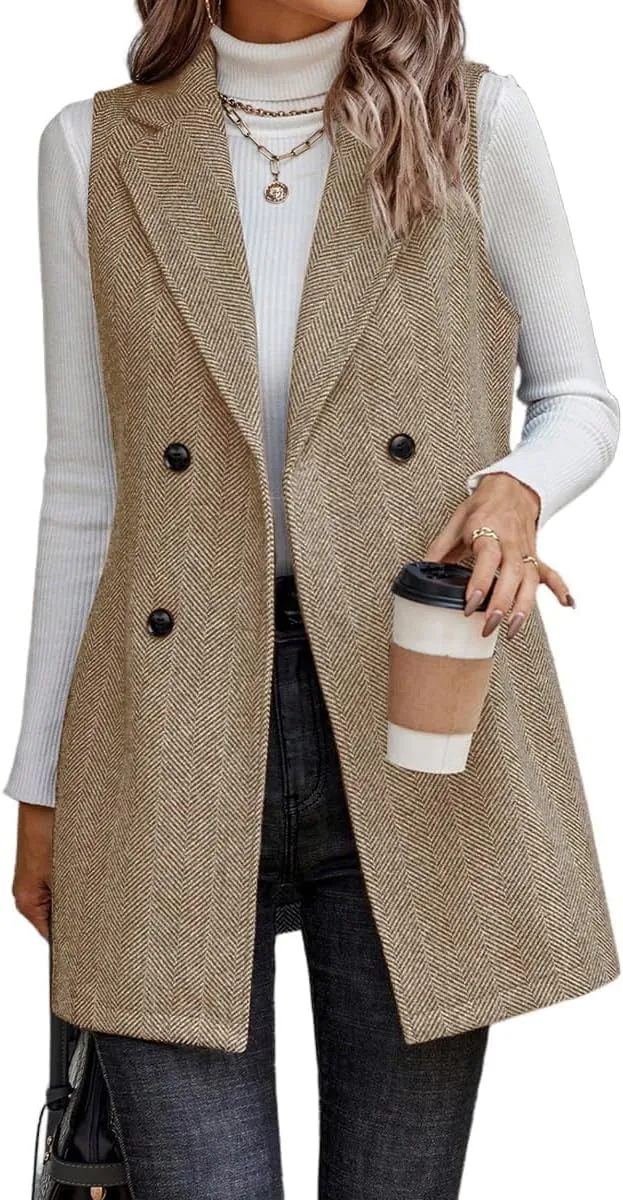 IDEALSANXUN Long Vest for Women Sleeveless Tweed Blazer Fall Jackets Cardigan Outerwear