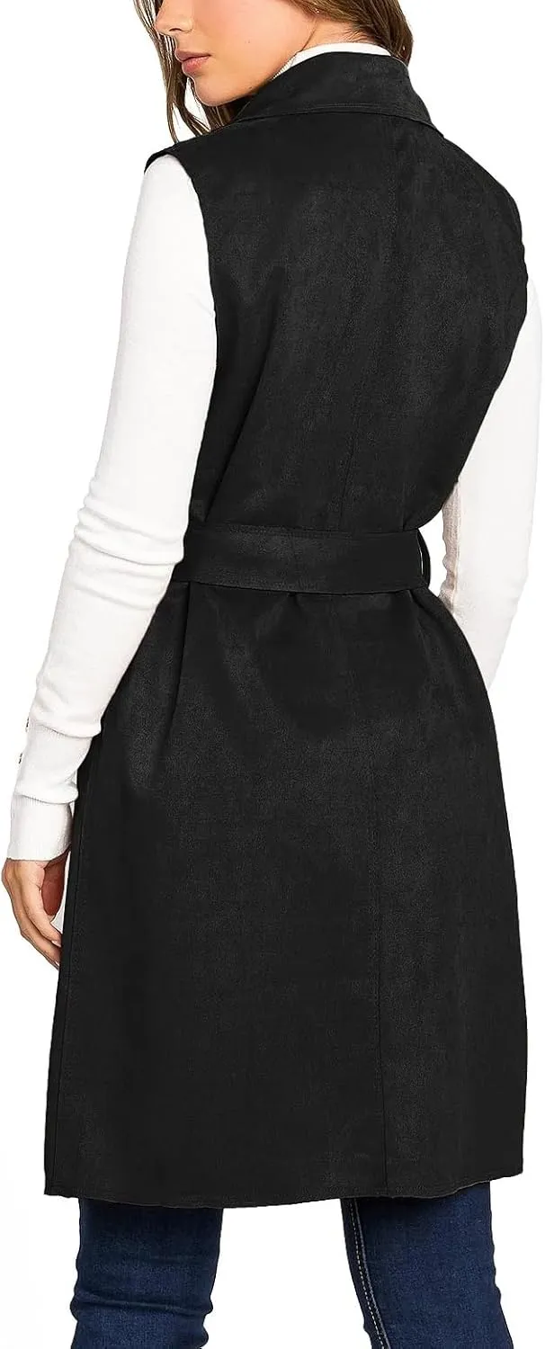 IDEALSANXUN Womens Long Suede Vest Fall Winter Sleeveless Trench Coat with Belt