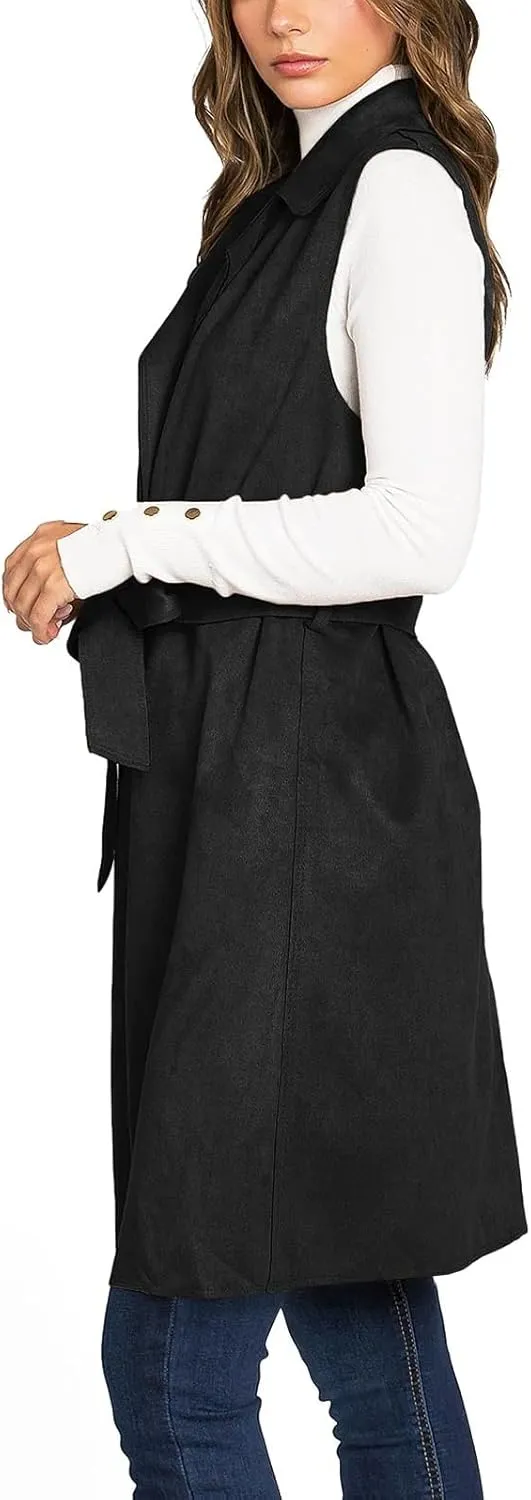 IDEALSANXUN Womens Long Suede Vest Fall Winter Sleeveless Trench Coat with Belt