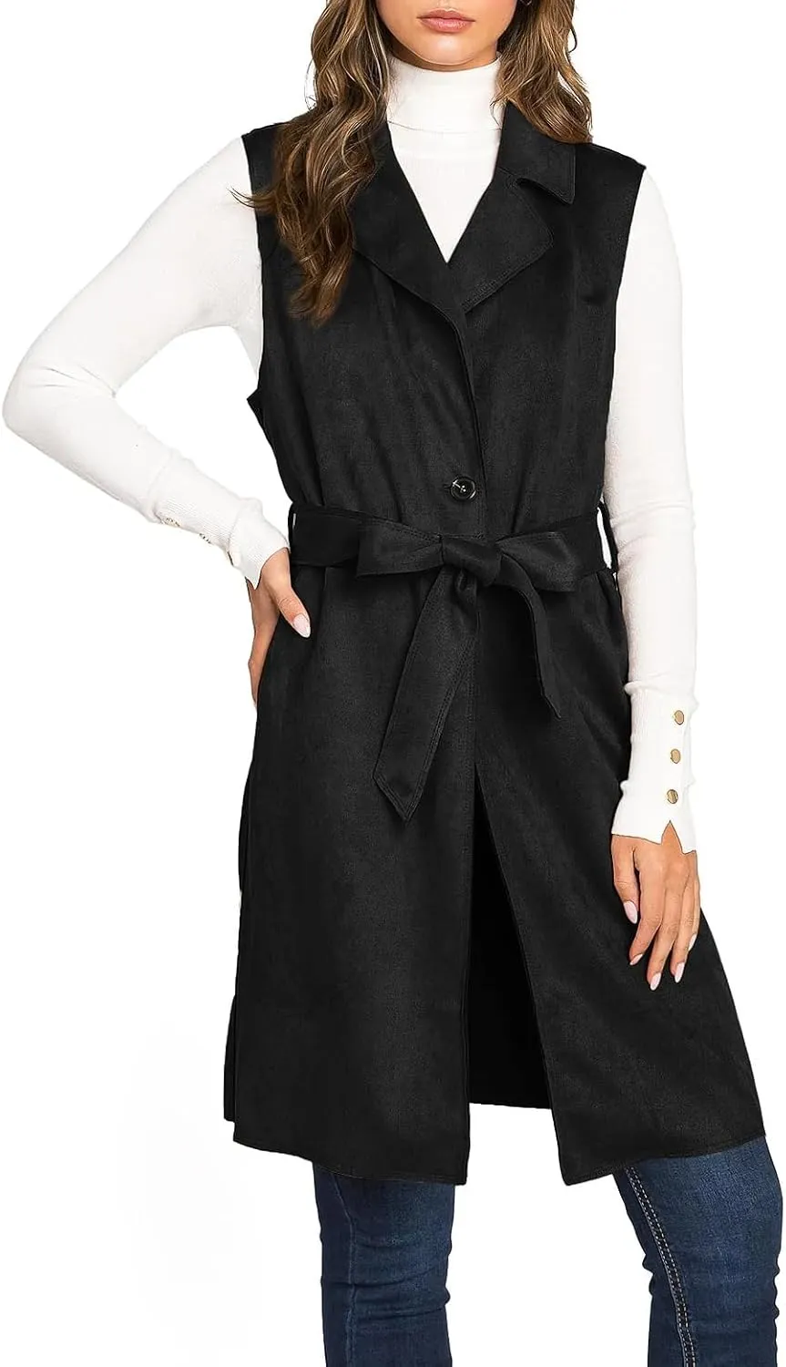 IDEALSANXUN Womens Long Suede Vest Fall Winter Sleeveless Trench Coat with Belt