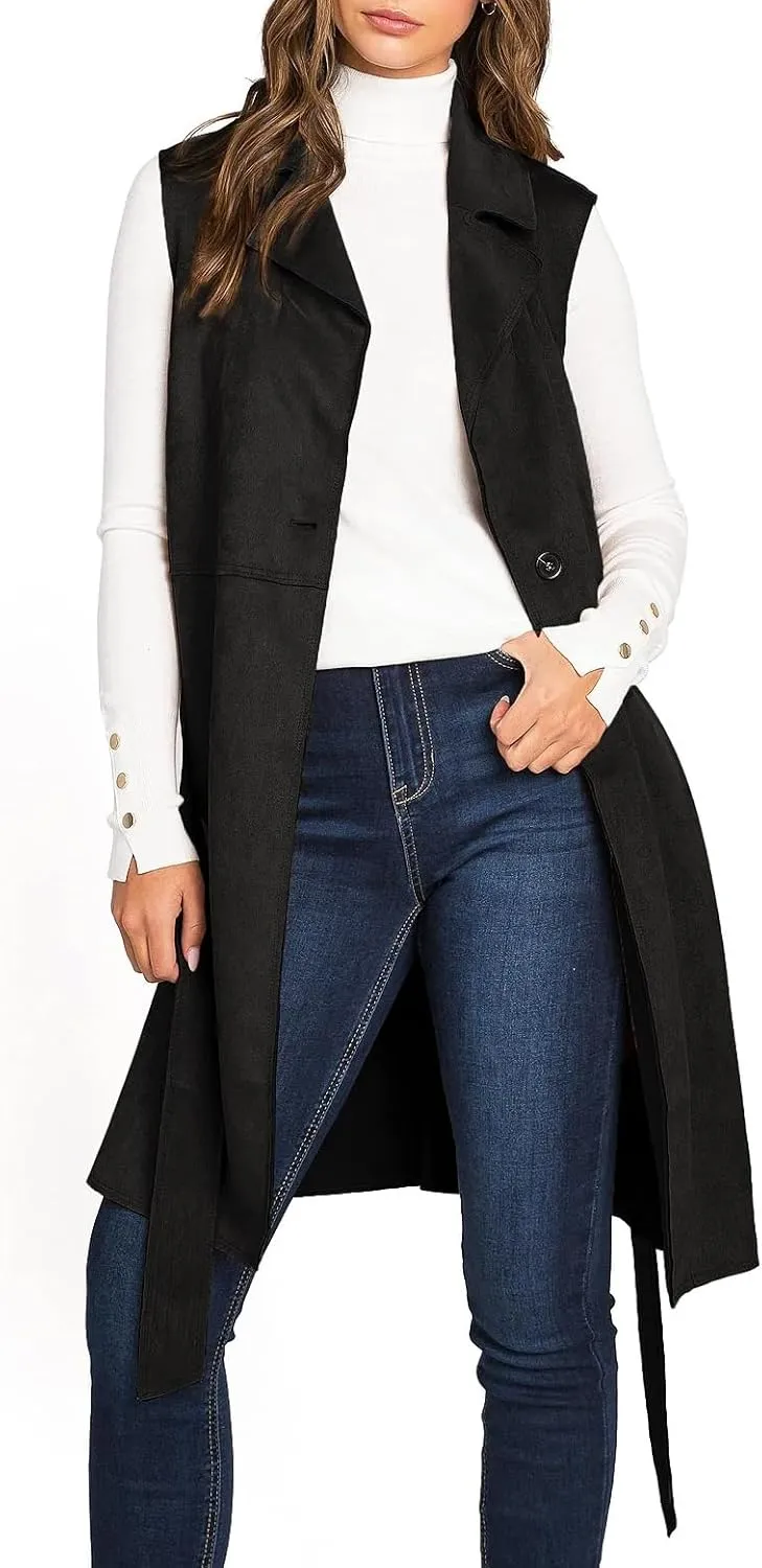 IDEALSANXUN Womens Long Suede Vest Fall Winter Sleeveless Trench Coat with Belt