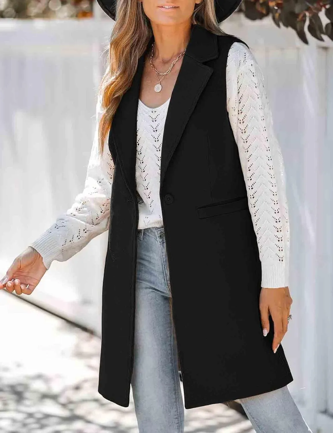 IDEALSANXUN Wool Long Vest for Women Sleeveless Blazer Jacket Fall Winter Trench Coat Waistcoat