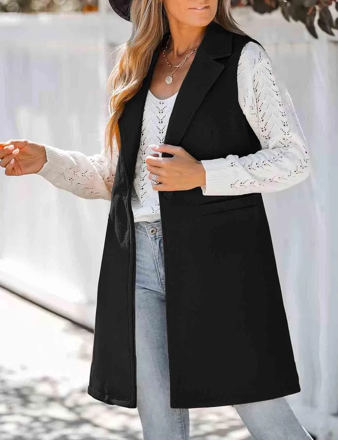 IDEALSANXUN Wool Long Vest for Women Sleeveless Blazer Jacket Fall Winter Trench Coat Waistcoat