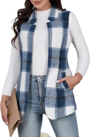 IDEALSANXUN Wool Plaid Vest for Women Fall Winter Coat Sleeveless Blazer Jackets Casual Outwear Open Front Cardigan Top