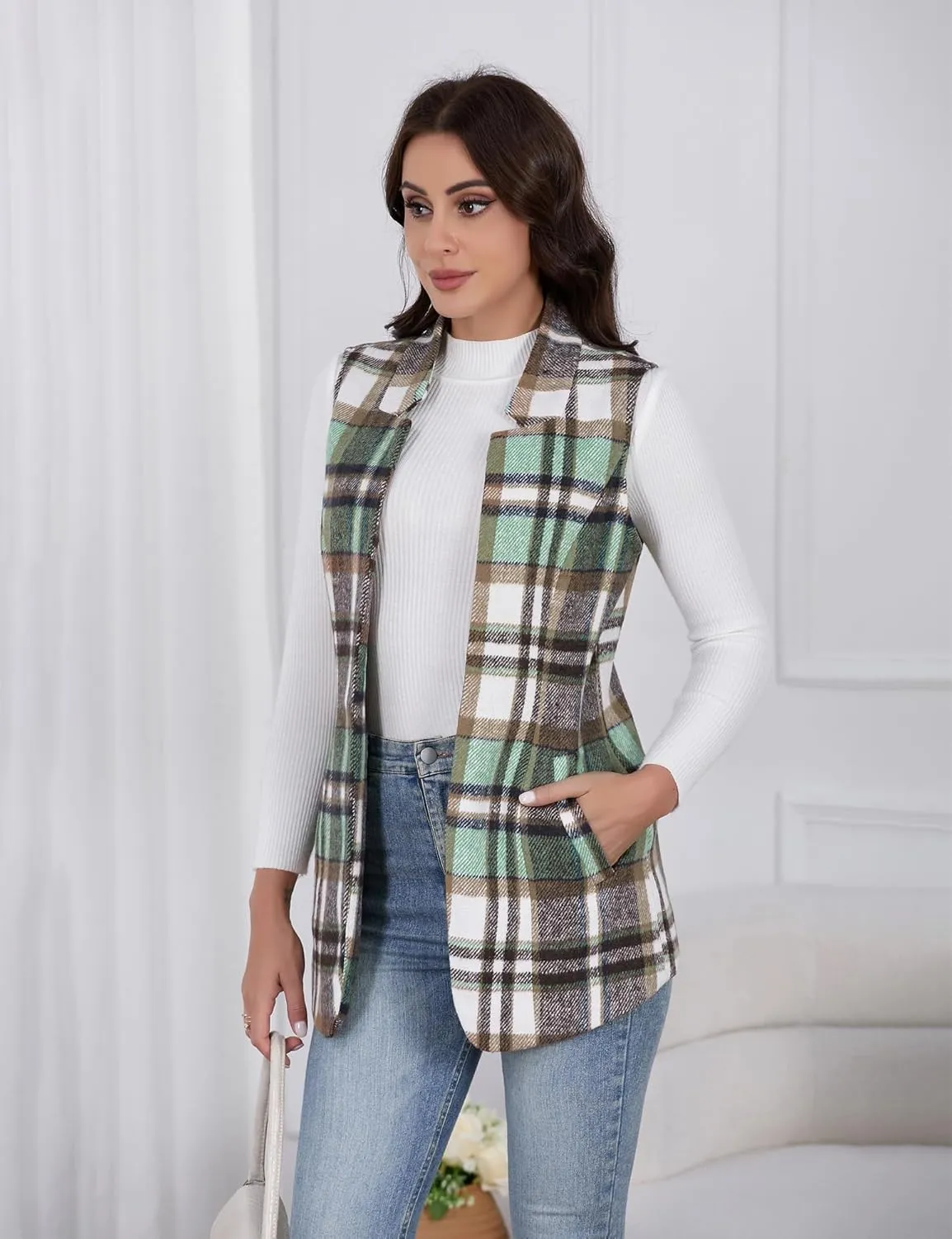 IDEALSANXUN Wool Plaid Vest for Women Fall Winter Coat Sleeveless Blazer Jackets Casual Outwear Open Front Cardigan Top