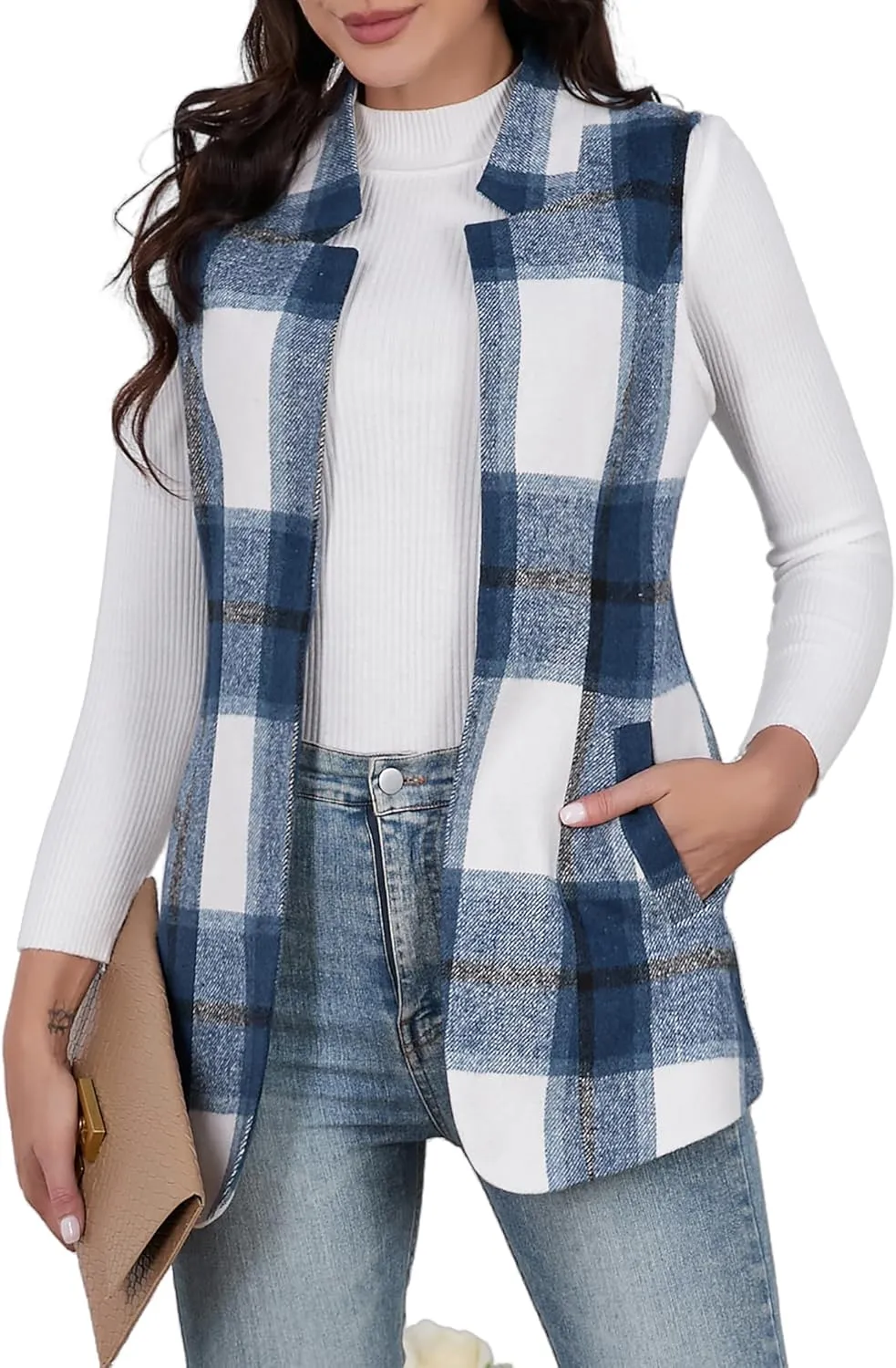 IDEALSANXUN Wool Plaid Vest for Women Fall Winter Coat Sleeveless Blazer Jackets Casual Outwear Open Front Cardigan Top