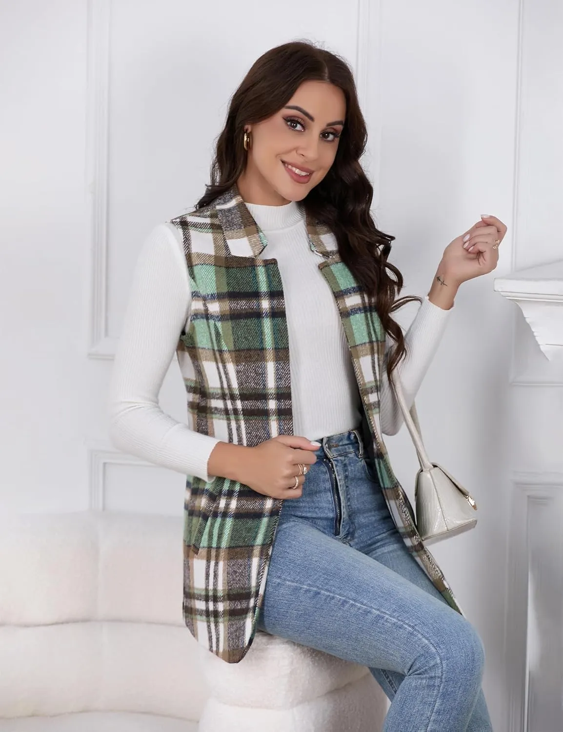 IDEALSANXUN Wool Plaid Vest for Women Fall Winter Coat Sleeveless Blazer Jackets Casual Outwear Open Front Cardigan Top