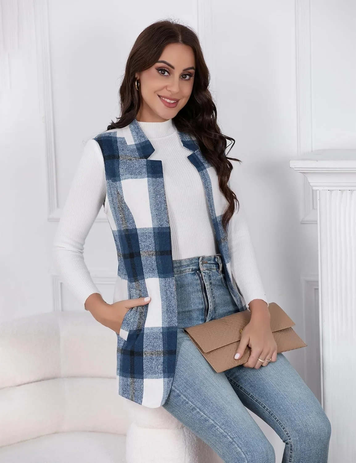 IDEALSANXUN Wool Plaid Vest for Women Fall Winter Coat Sleeveless Blazer Jackets Casual Outwear Open Front Cardigan Top