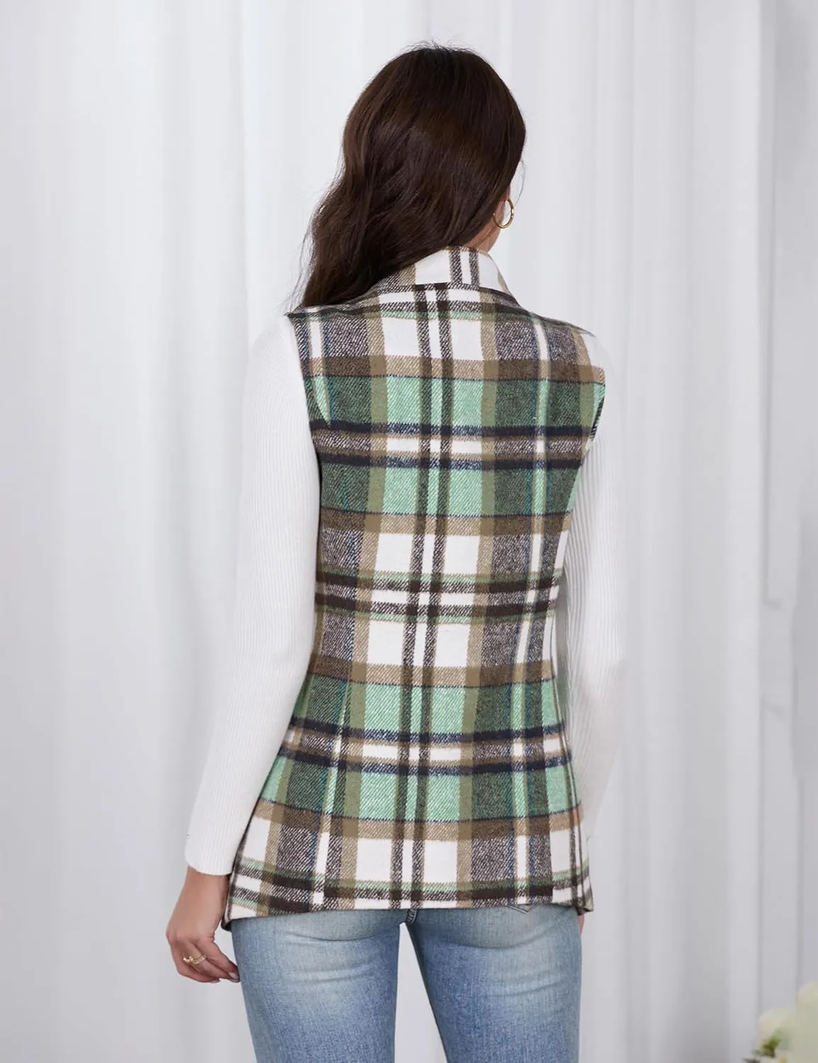 IDEALSANXUN Wool Plaid Vest for Women Fall Winter Coat Sleeveless Blazer Jackets Casual Outwear Open Front Cardigan Top