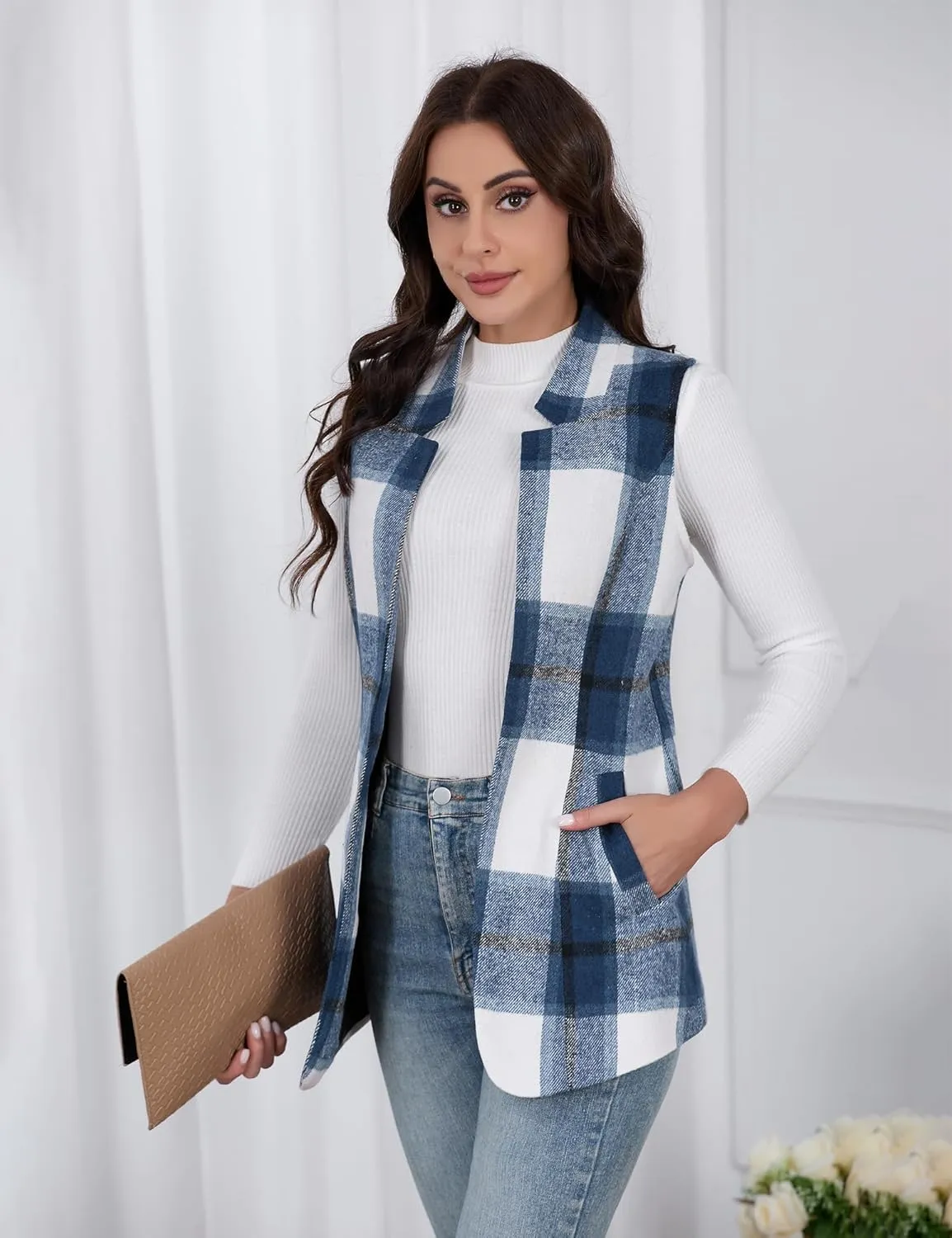 IDEALSANXUN Wool Plaid Vest for Women Fall Winter Coat Sleeveless Blazer Jackets Casual Outwear Open Front Cardigan Top