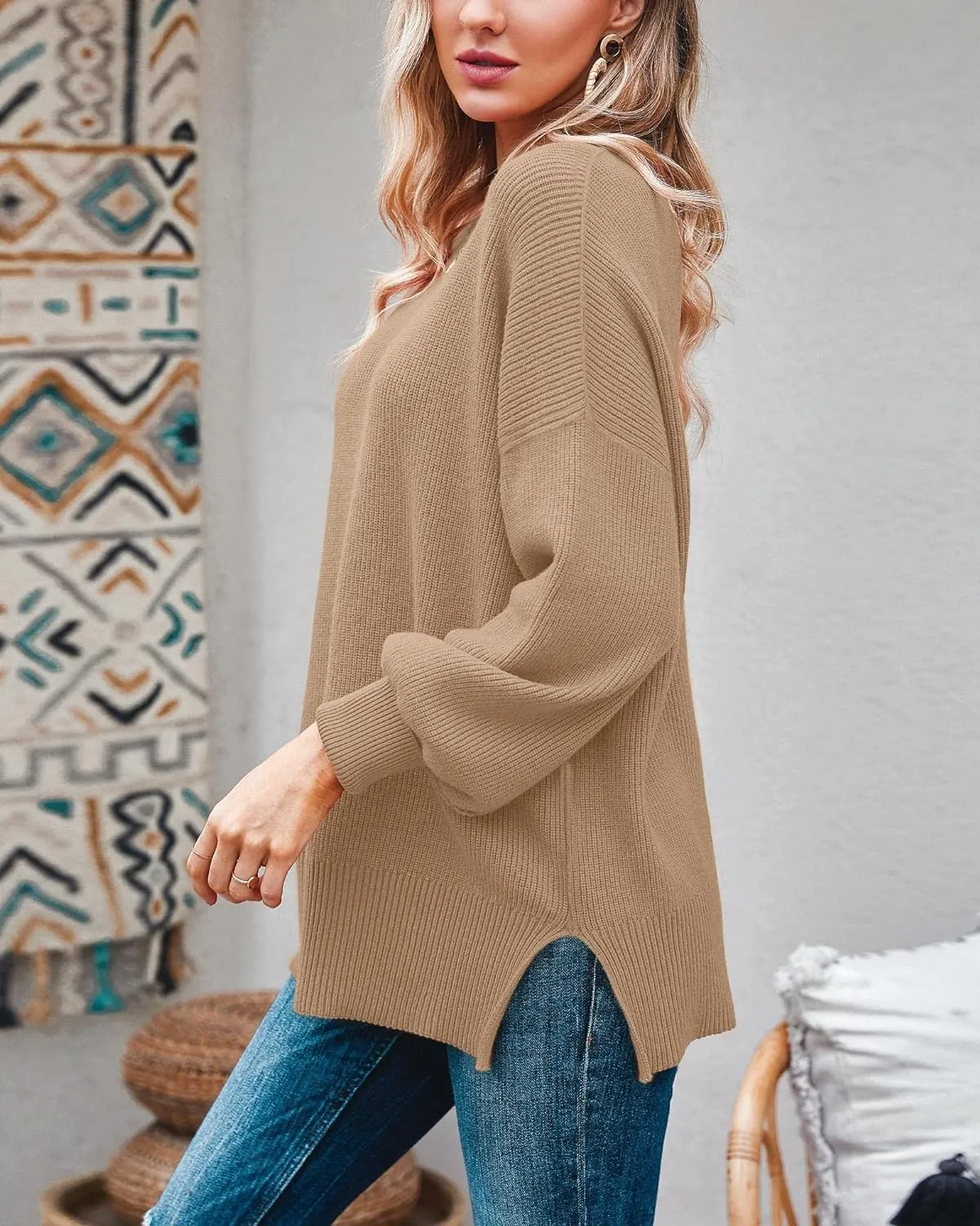 Imily Bela Womens Oversized Tunic Sweaters Fall Slouchy Long Sleeve Ribbed Knit Side Slit Pullover Jumper