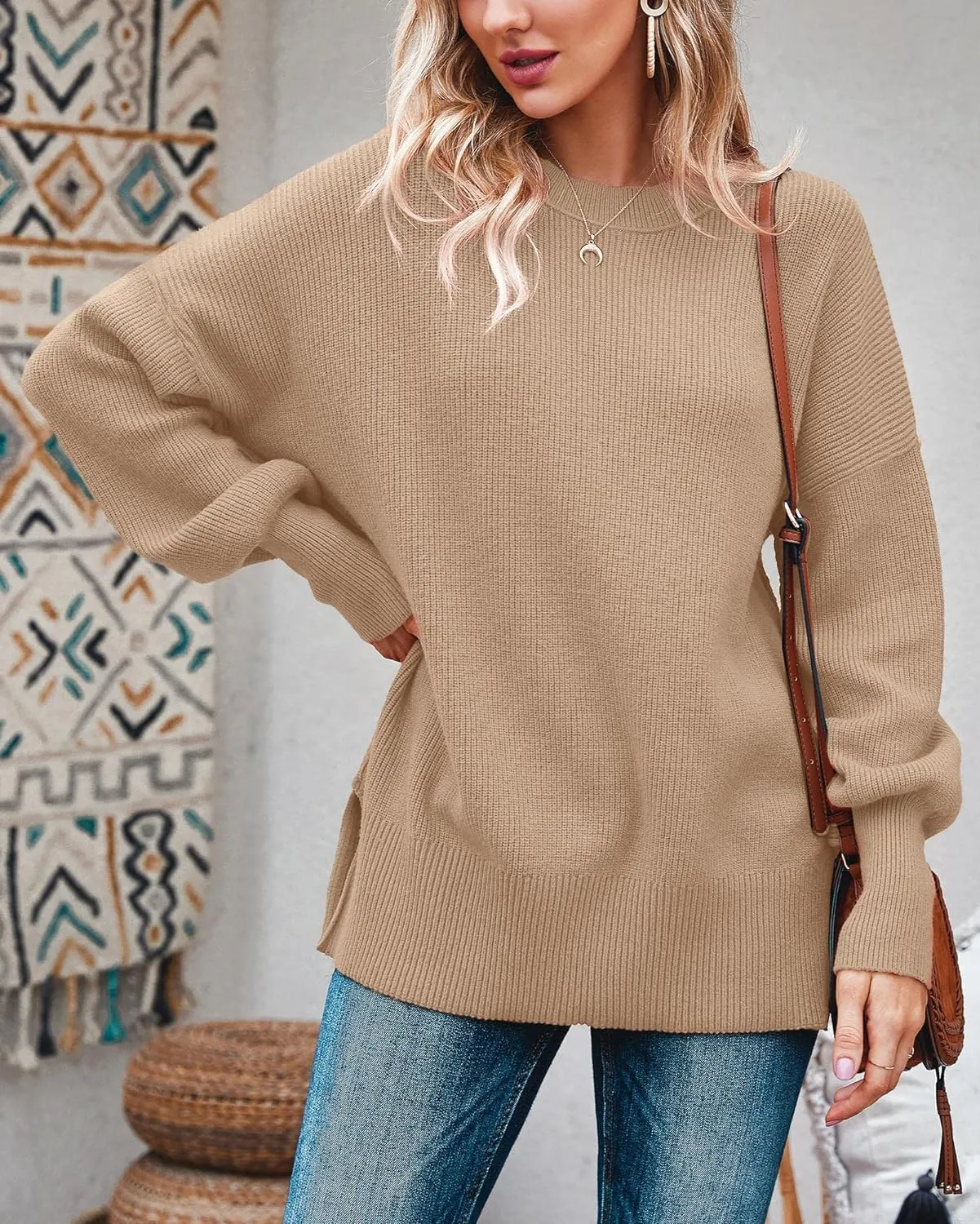 Imily Bela Womens Oversized Tunic Sweaters Fall Slouchy Long Sleeve Ribbed Knit Side Slit Pullover Jumper
