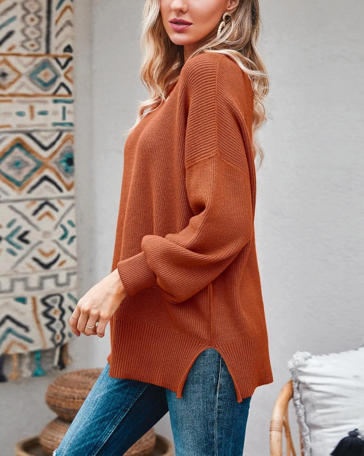 Imily Bela Womens Oversized Tunic Sweaters Fall Slouchy Long Sleeve Ribbed Knit Side Slit Pullover Jumper