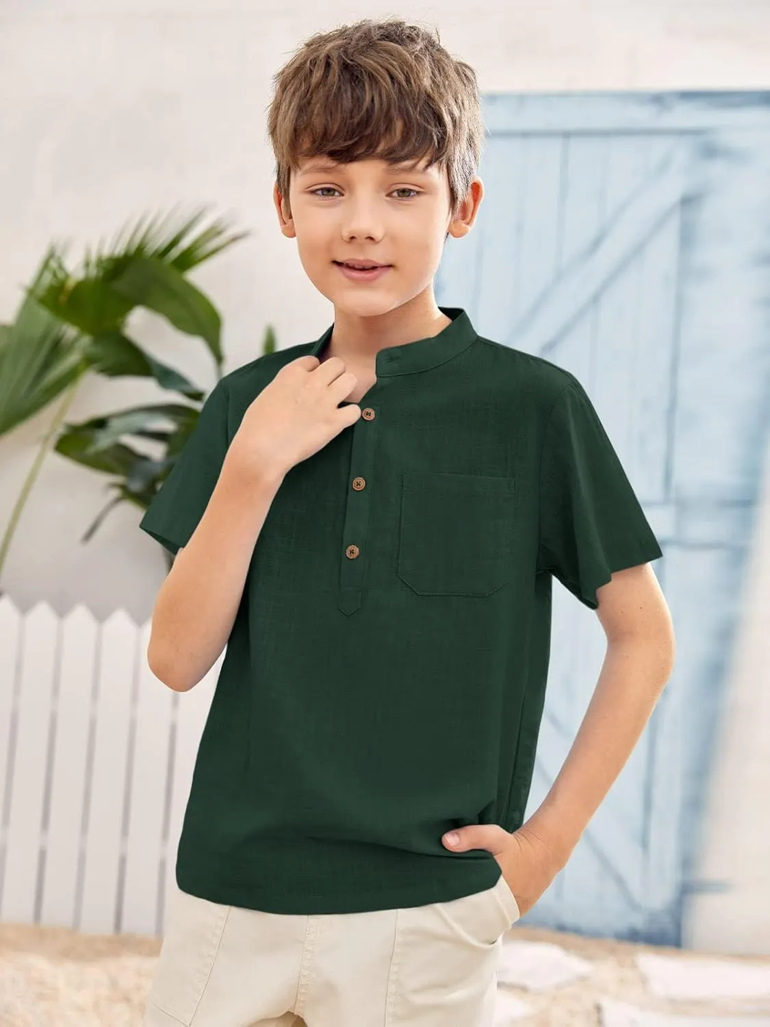 Inorin Boys Button Up Henley Shirt Short Sleeve Lightweight Summer Linen Cotton Dress Shirts Tees Tops with One Pocket
