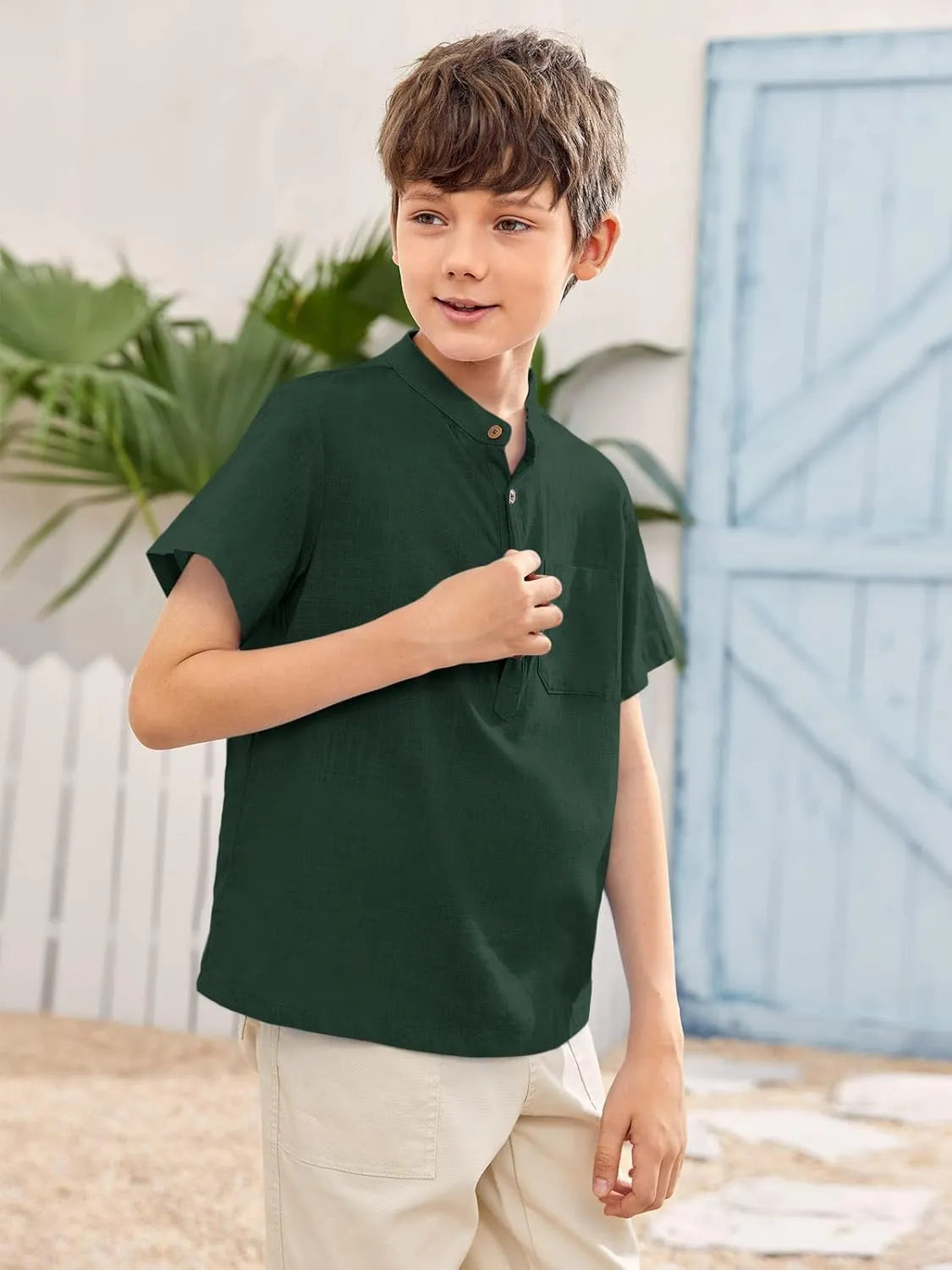 Inorin Boys Button Up Henley Shirt Short Sleeve Lightweight Summer Linen Cotton Dress Shirts Tees Tops with One Pocket