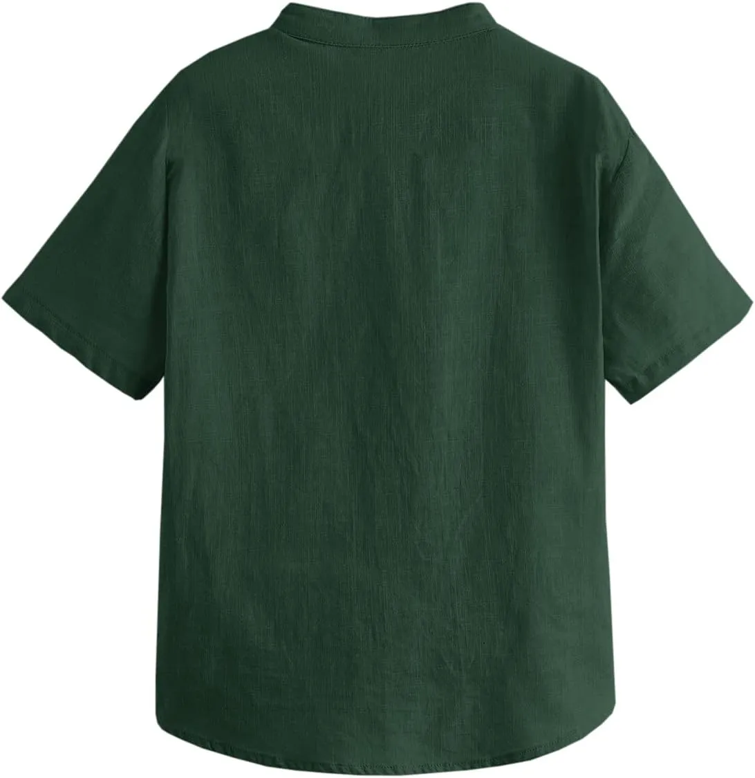 Inorin Boys Button Up Henley Shirt Short Sleeve Lightweight Summer Linen Cotton Dress Shirts Tees Tops with One Pocket