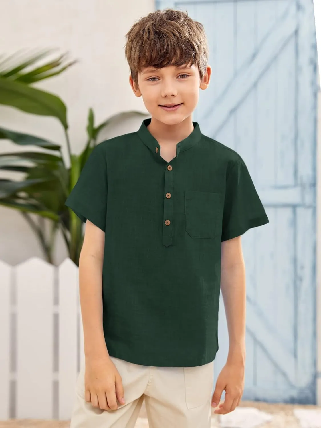 Inorin Boys Button Up Henley Shirt Short Sleeve Lightweight Summer Linen Cotton Dress Shirts Tees Tops with One Pocket