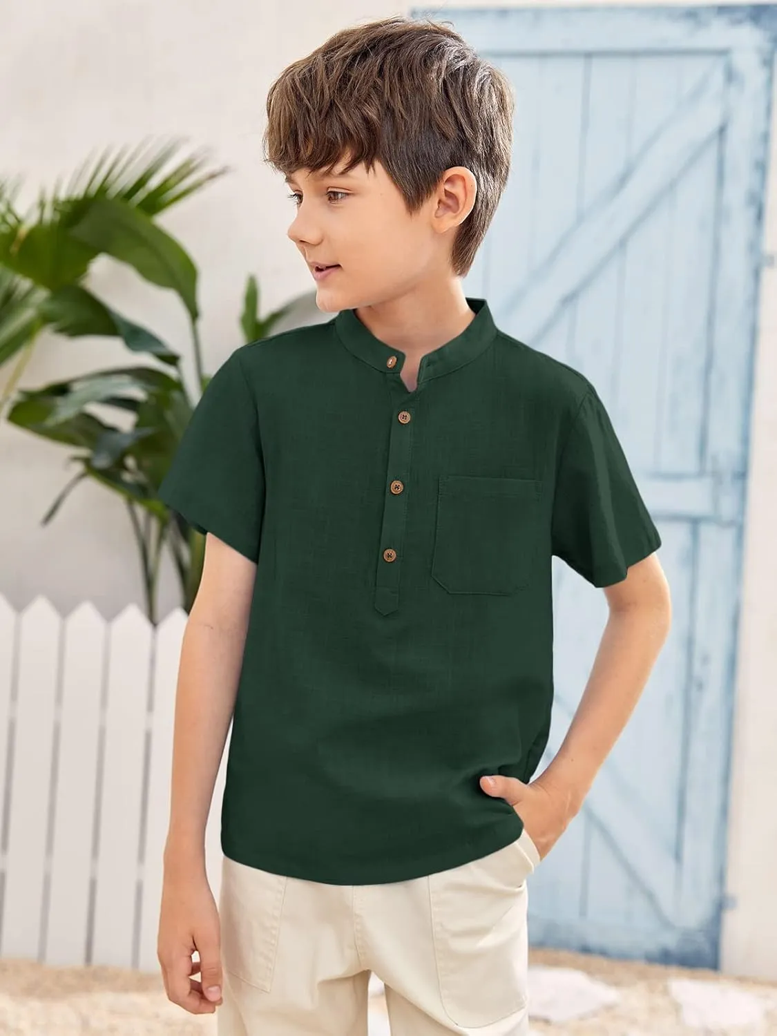 Inorin Boys Button Up Henley Shirt Short Sleeve Lightweight Summer Linen Cotton Dress Shirts Tees Tops with One Pocket