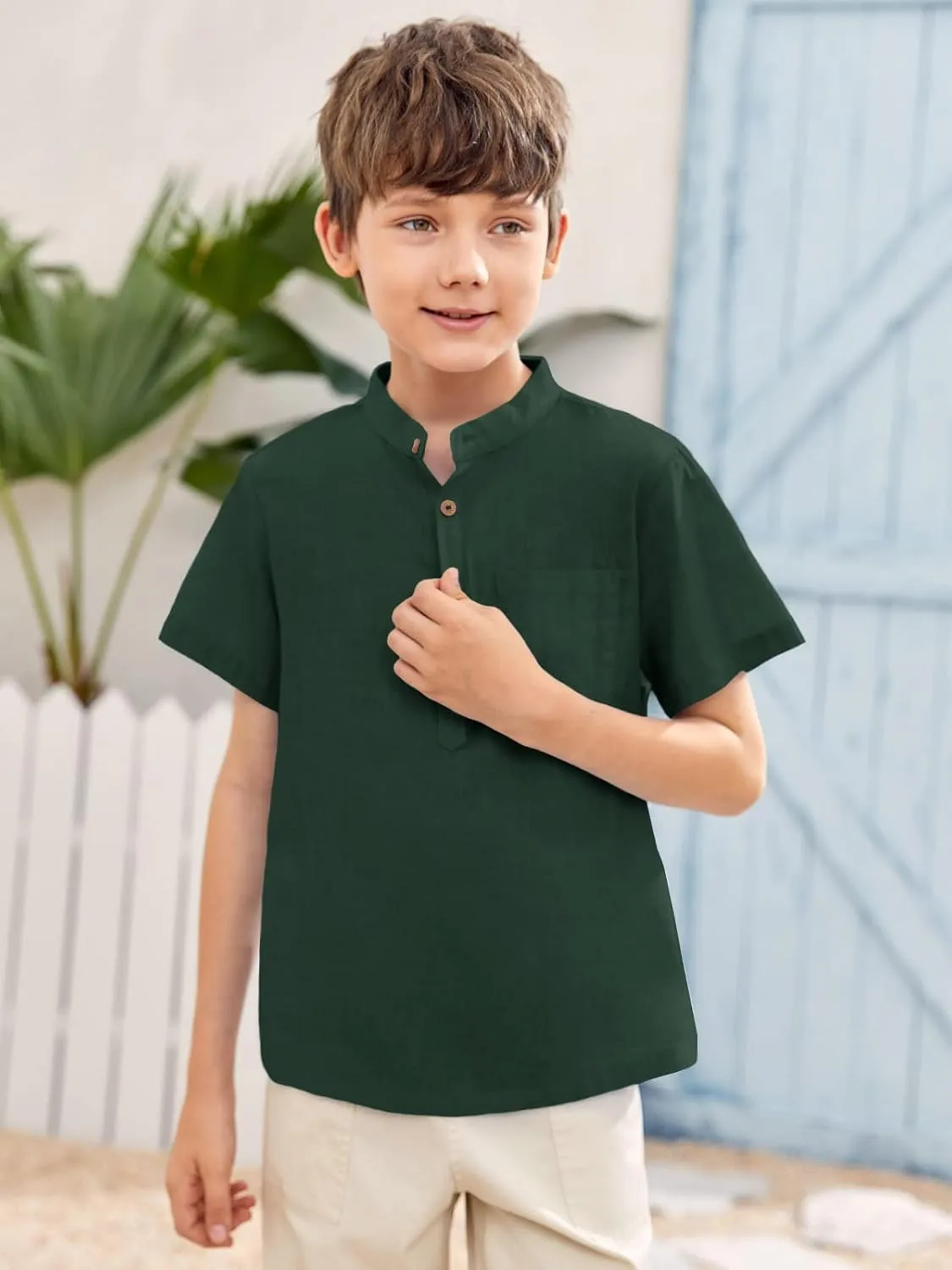 Inorin Boys Button Up Henley Shirt Short Sleeve Lightweight Summer Linen Cotton Dress Shirts Tees Tops with One Pocket