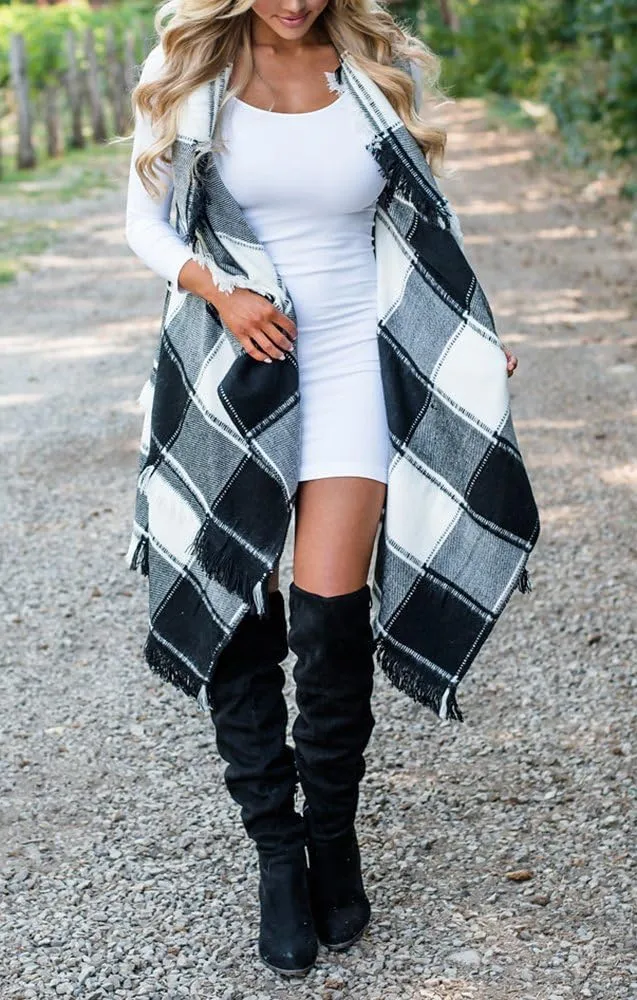 Inorin Womens Sleeveless Plaid Asymmetrical Hem Tassel Drape Open Front Cardigan Vest