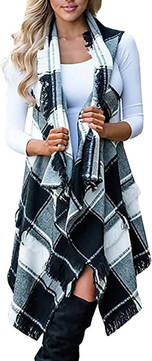 Inorin Womens Sleeveless Plaid Asymmetrical Hem Tassel Drape Open Front Cardigan Vest
