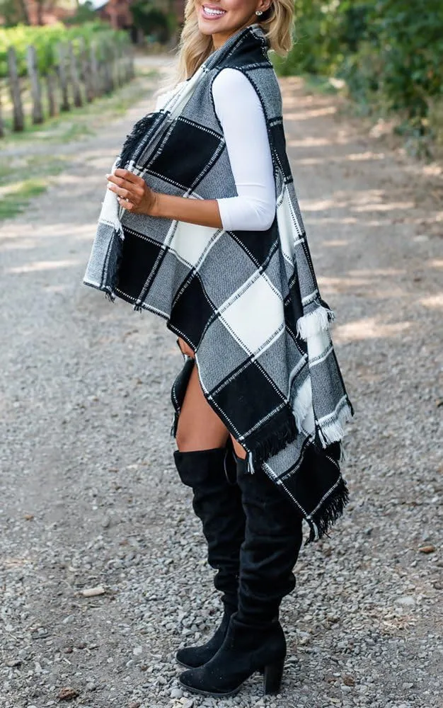 Inorin Womens Sleeveless Plaid Asymmetrical Hem Tassel Drape Open Front Cardigan Vest