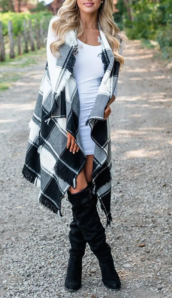 Inorin Womens Sleeveless Plaid Asymmetrical Hem Tassel Drape Open Front Cardigan Vest