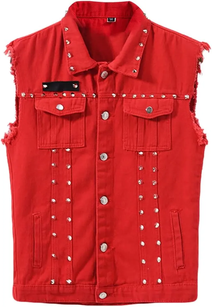 INVACHI Men's Slim Fit Punk Denim Vest Sleeveless Jeans Vest Jacket with Rivets