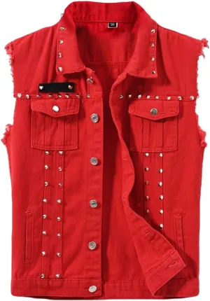 INVACHI Men's Slim Fit Punk Denim Vest Sleeveless Jeans Vest Jacket with Rivets