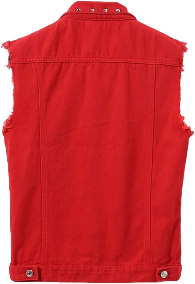 INVACHI Men's Slim Fit Punk Denim Vest Sleeveless Jeans Vest Jacket with Rivets