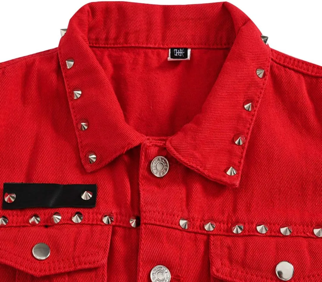 INVACHI Men's Slim Fit Punk Denim Vest Sleeveless Jeans Vest Jacket with Rivets