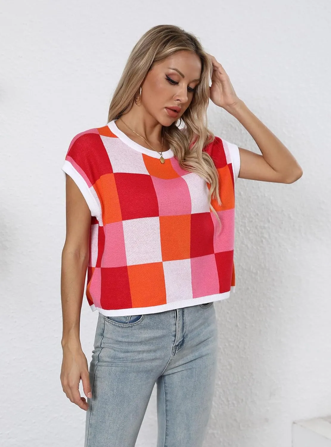 IRISGOD Womens Cap Sleeve Knit Tops Summer Short Sleeve Sweater Vest Color Block Crop T-Shirts