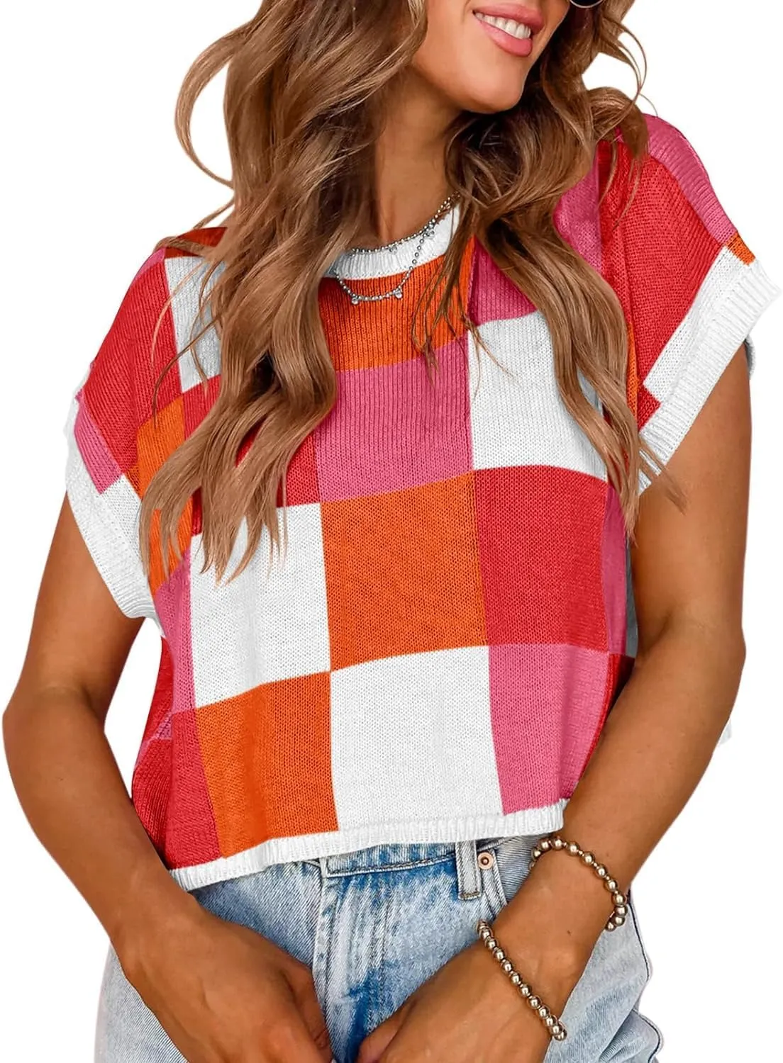 IRISGOD Womens Cap Sleeve Knit Tops Summer Short Sleeve Sweater Vest Color Block Crop T-Shirts