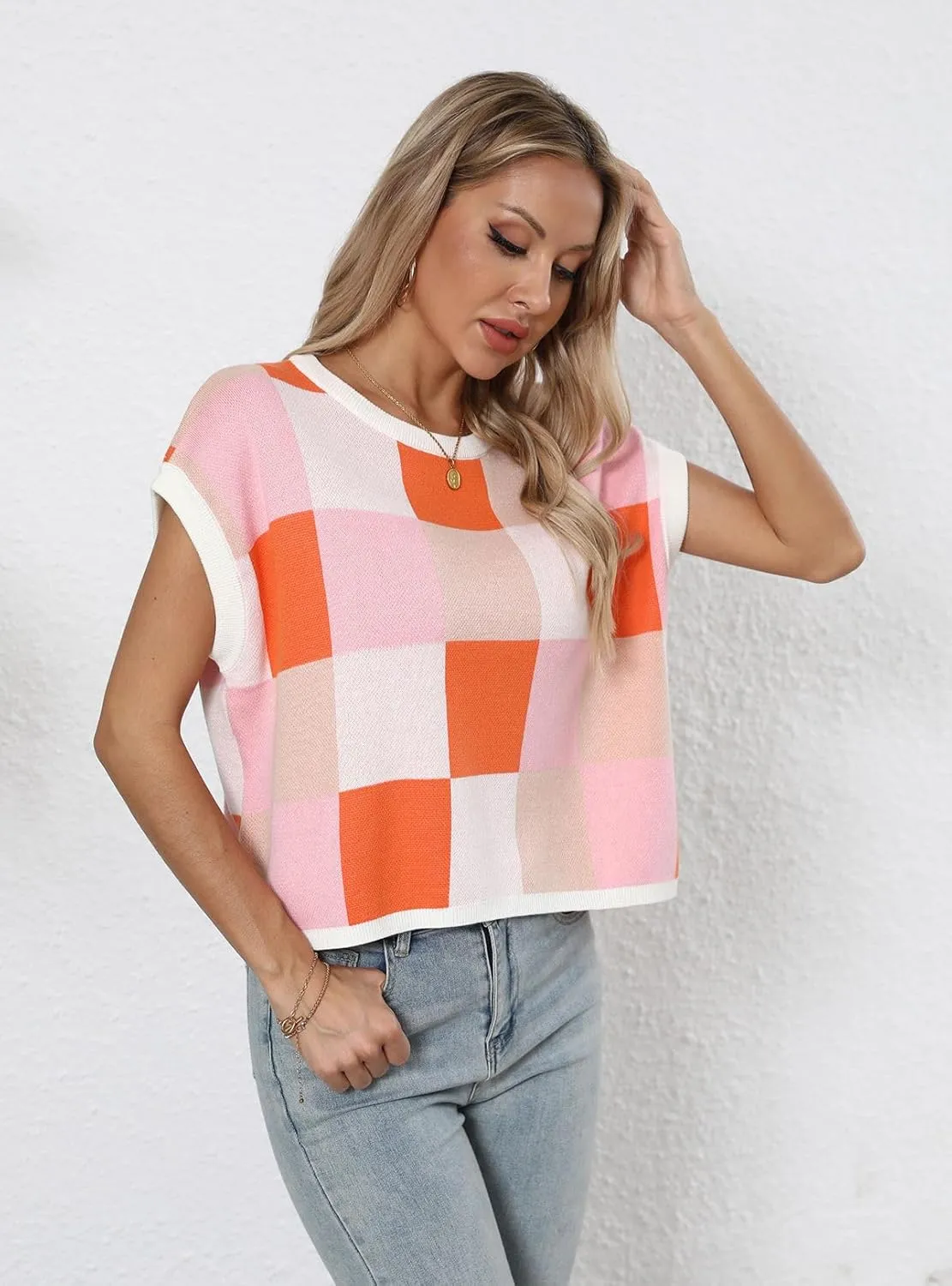 IRISGOD Womens Cap Sleeve Knit Tops Summer Short Sleeve Sweater Vest Color Block Crop T-Shirts