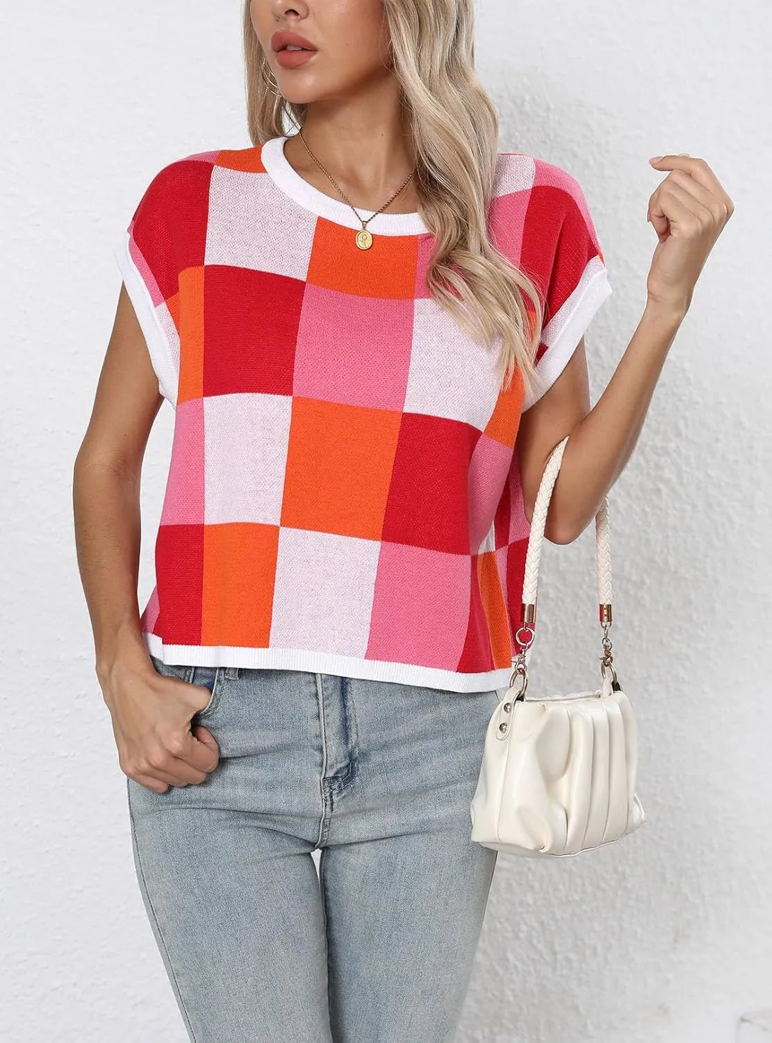IRISGOD Womens Cap Sleeve Knit Tops Summer Short Sleeve Sweater Vest Color Block Crop T-Shirts