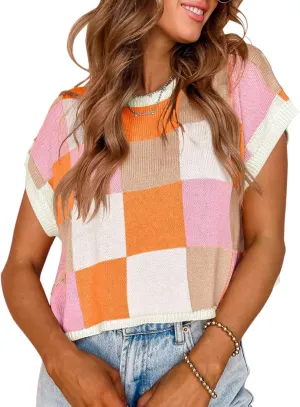 IRISGOD Womens Cap Sleeve Knit Tops Summer Short Sleeve Sweater Vest Color Block Crop T-Shirts